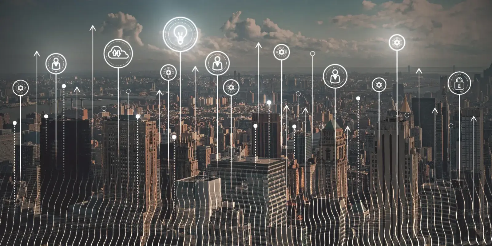 Night view of a connected city skyline representing municipal smart city infrastructure