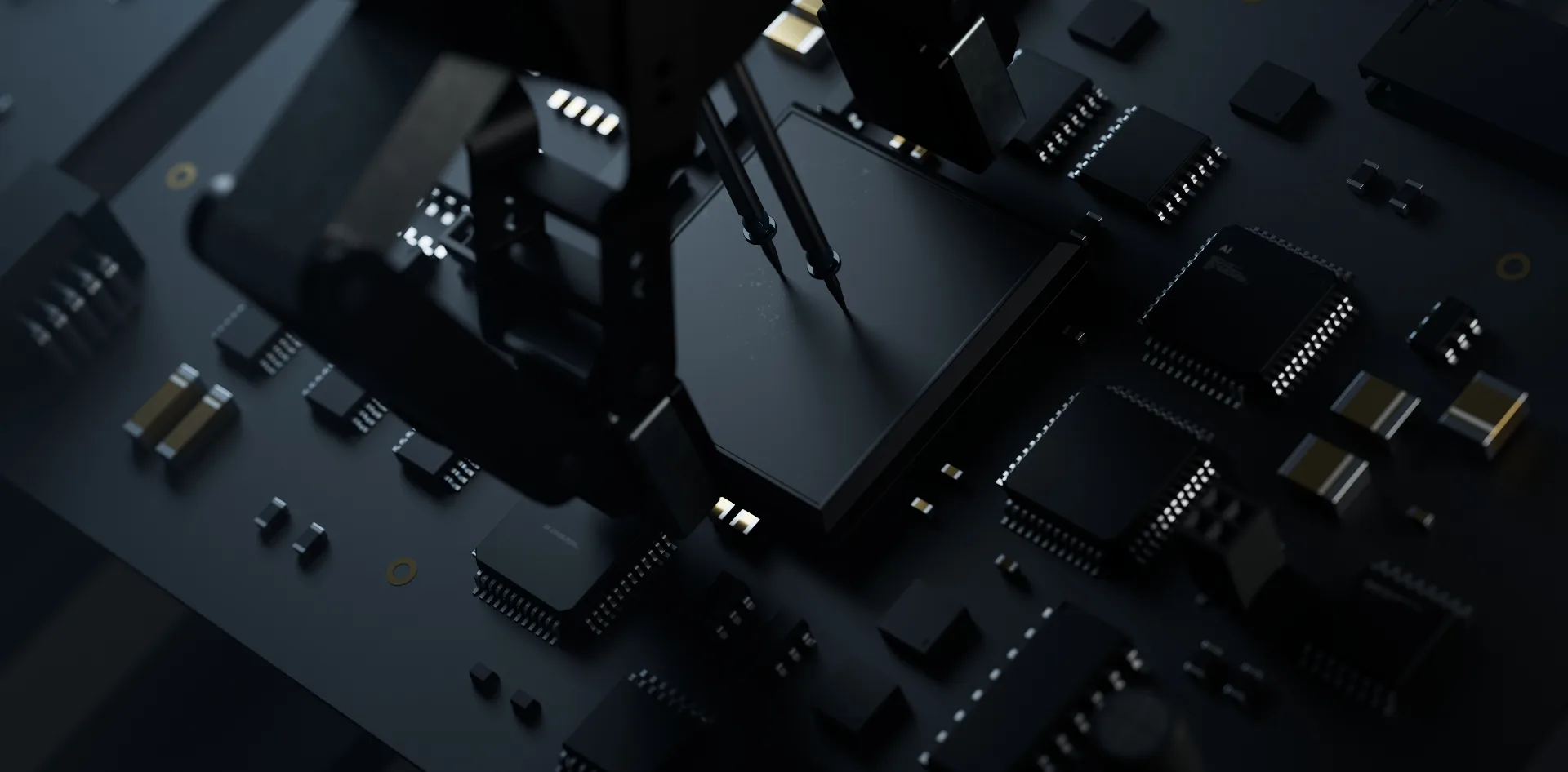 Close view of a printed circuit board with a processor, representing in house IoT hardware engineering