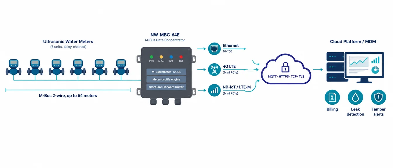 M-Bus Data Concentrator NW-MBC-64E connectivity architecture showing device data flow to the cloud platform